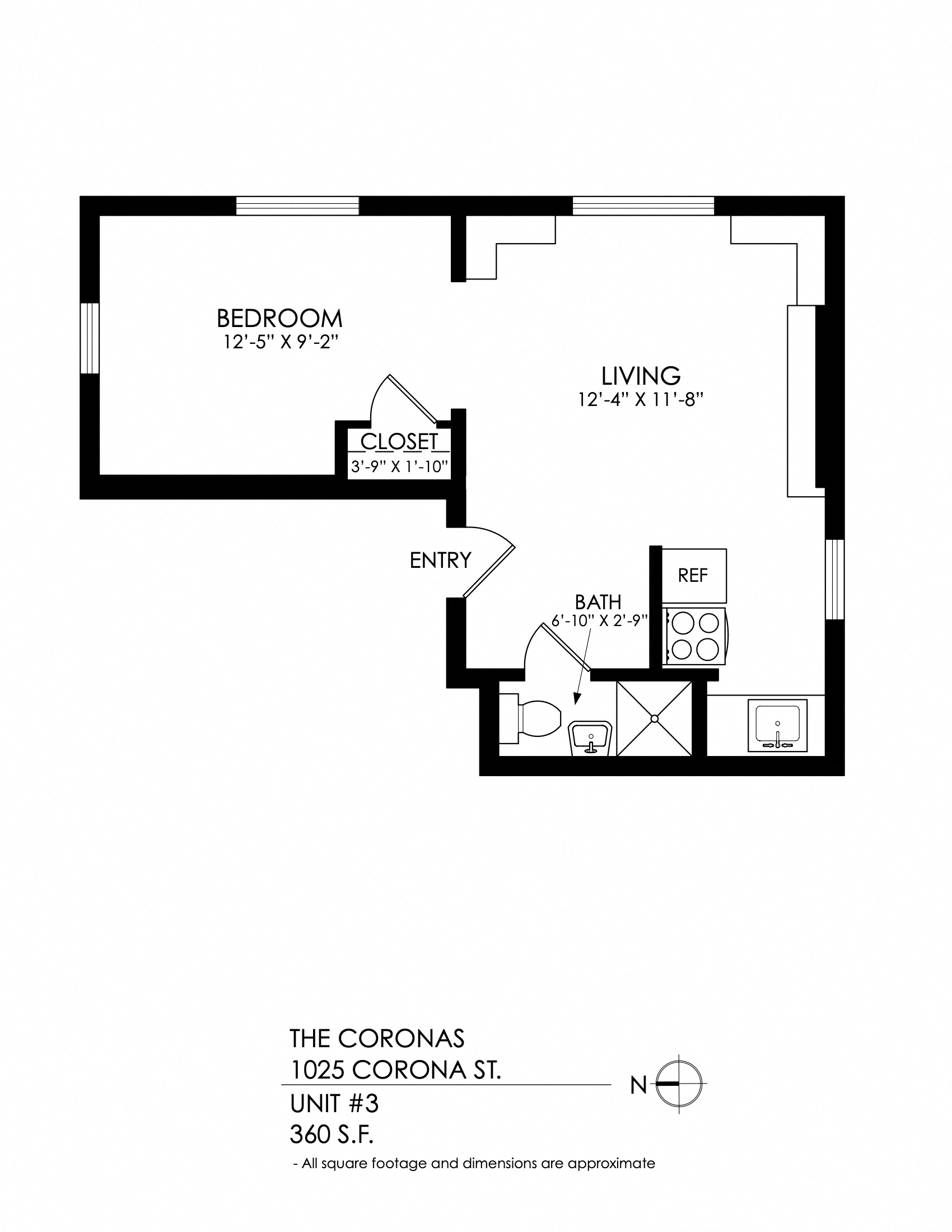 Floor plan for studio, 1 bath, 360 sqft